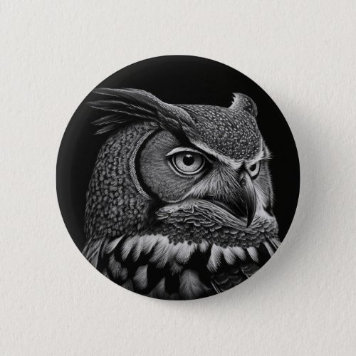 Scratchboard style Horned Owl Button