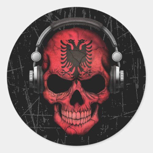 Scratched Albanian Dj Skull with Headphones Classic Round Sticker