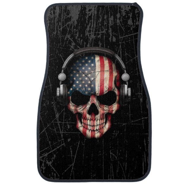 Scratched American Dj Skull with Headphones Car Floor Mat (Front)
