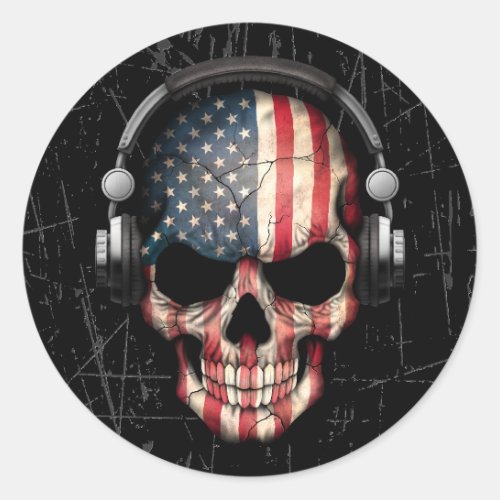 Scratched American Dj Skull with Headphones Classic Round Sticker