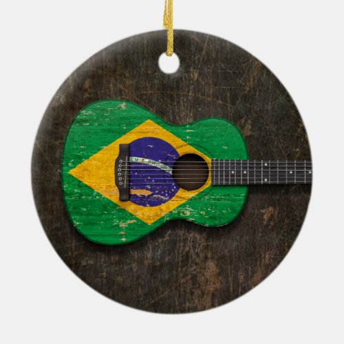 Scratched and Worn Brazilian Flag Acoustic Guitar Ceramic Ornament