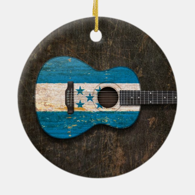 Scratched and Worn Honduras Flag Acoustic Guitar Ceramic Ornament (Back)