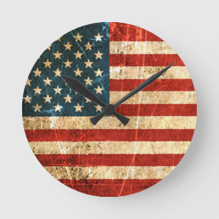 Scratched and Worn Vintage American Flag Round Clock