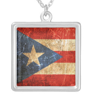 Scratched and Worn Vintage Puerto Rican Flag Silver Plated Necklace