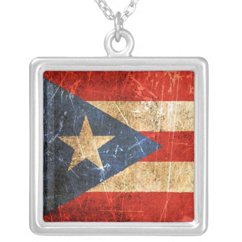 Scratched and Worn Vintage Puerto Rican Flag Silver Plated Necklace