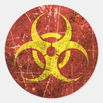 Scratched And Worn Yellow And Red Biohazard Symbol Classic Round Sticker by JeffBartels at Zazzle