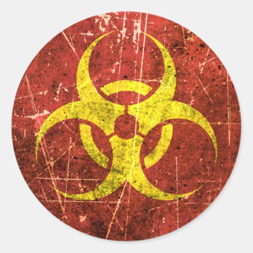Scratched and Worn Yellow and Red Biohazard Symbol Classic Round Sticker