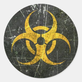 Scratched And Worn Yellow Biohazard Symbol Classic Round Sticker by JeffBartels at Zazzle