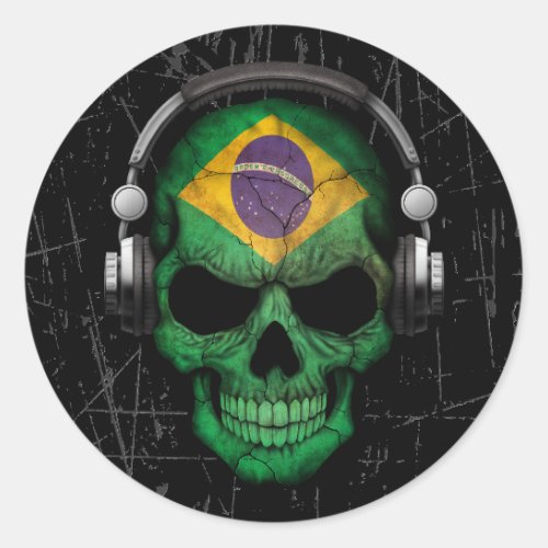 Scratched Brazilian Dj Skull with Headphones Classic Round Sticker