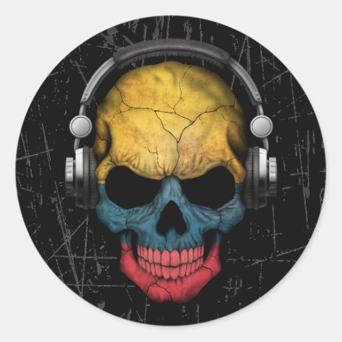 Scratched Colombian Dj Skull with Headphones Classic Round Sticker