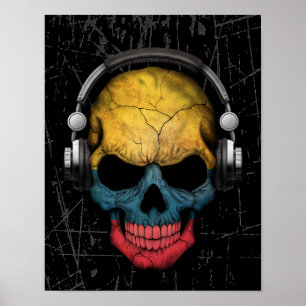 Scratched Colombian Dj Skull with Headphones Poster
