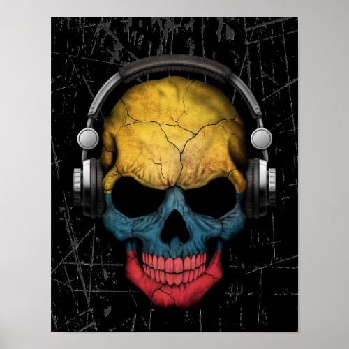 Scratched Colombian Dj Skull with Headphones Poster
