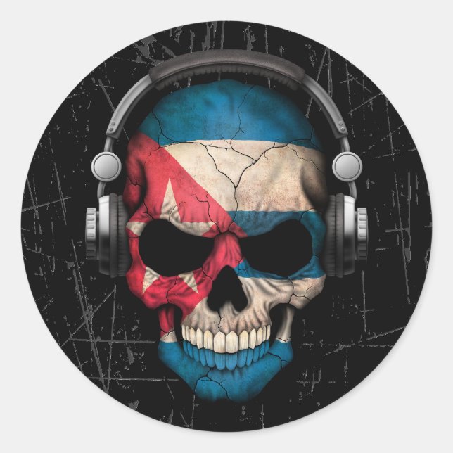 Scratched Cuban Dj Skull with Headphones Classic Round Sticker (Front)