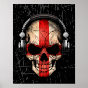 Scratched English Dj Skull with Headphones Poster