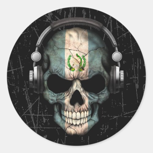 Scratched Guatemalan Dj Skull with Headphones Classic Round Sticker