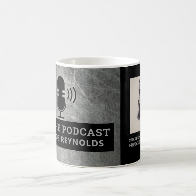 Scratched Metal Effect, Podcaster, Podcast Advert Coffee Mug (Center)