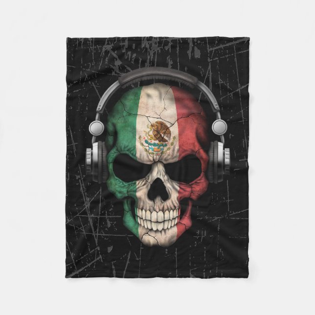 Scratched Mexican Dj Skull with Headphones Fleece Blanket (Front)