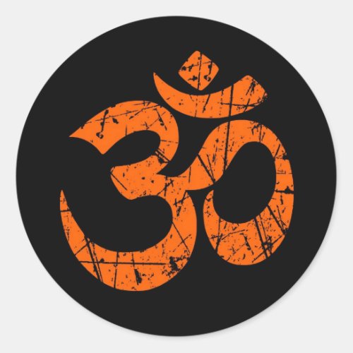 Scratched Orange Yoga Om Symbol on Black Classic Round Sticker