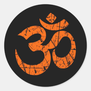 Scratched Orange Yoga Om Symbol on Black Classic Round Sticker