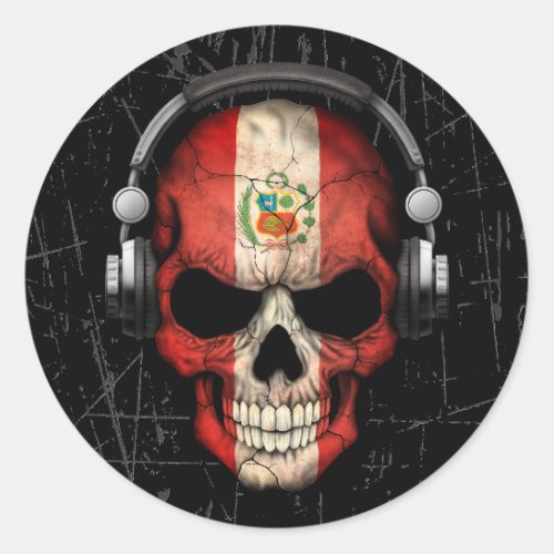 Scratched Peruvian Dj Skull with Headphones Classic Round Sticker