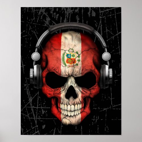 Scratched Peruvian Dj Skull with Headphones Poster