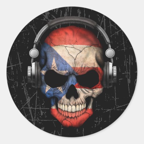 Scratched Puerto Rican Dj Skull with Headphones Classic Round Sticker