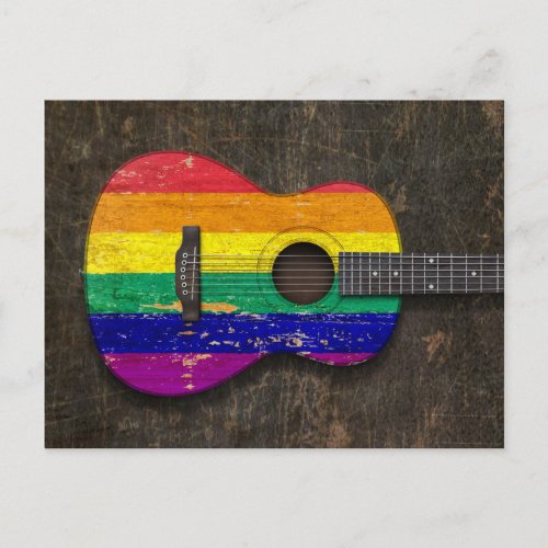 Scratched Rainbow Gay Pride Flag Acoustic Guitar Postcard