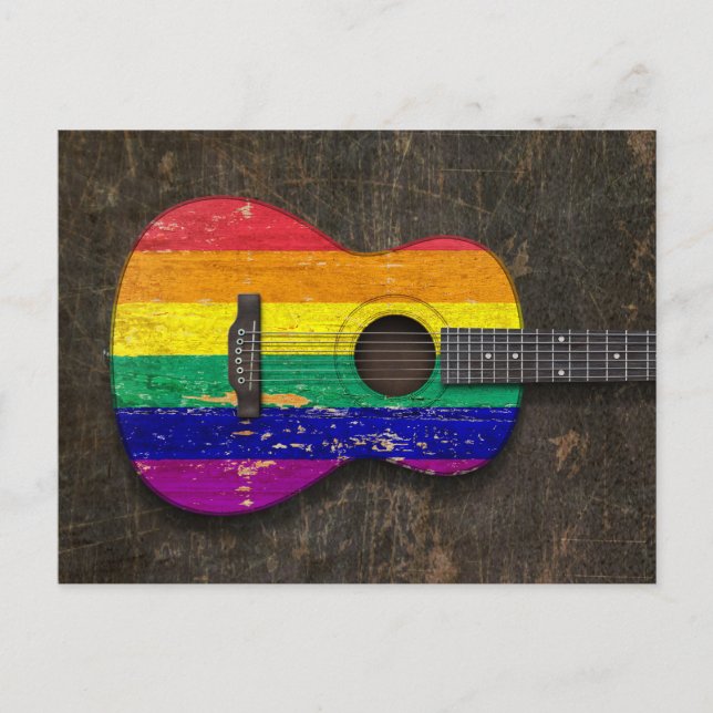 Scratched Rainbow Gay Pride Flag Acoustic Guitar Postcard (Front)