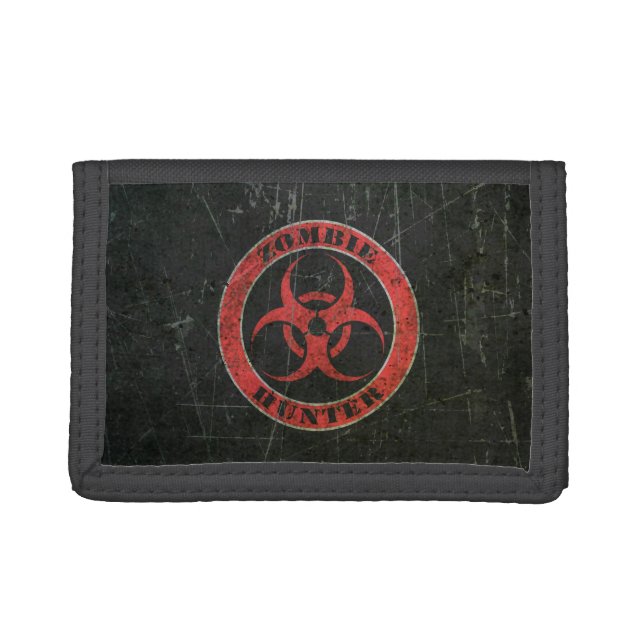 Scratched Red and Black Bio Hazard Zombie Hunter Tri-fold Wallet (Front)
