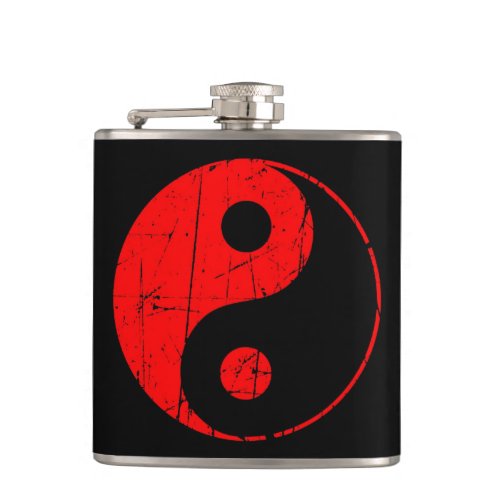 Scratched Red and Black Vintage Yin Yang Hip Flask