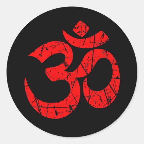 Scratched Red Yoga Om Symbol on Black Classic Round Sticker
