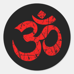 Scratched Red Yoga Om Symbol on Black Classic Round Sticker