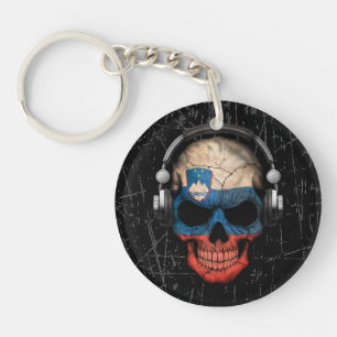Scratched Slovenian Dj Skull with Headphones Keychain