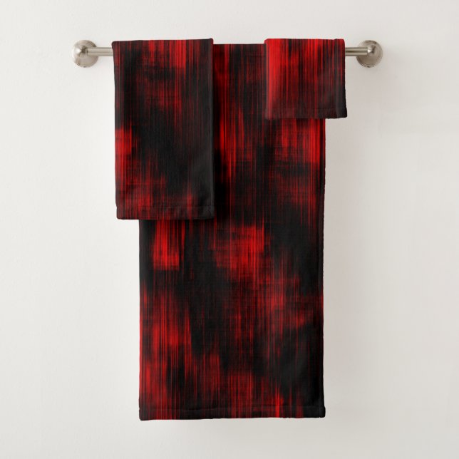 Scratched spots in bright red and black            bath towel set (Insitu)