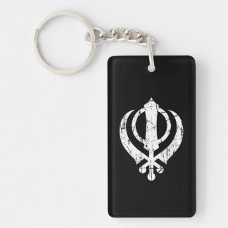 Scratched White Sikh Khanda Symbol on Black Keychain
