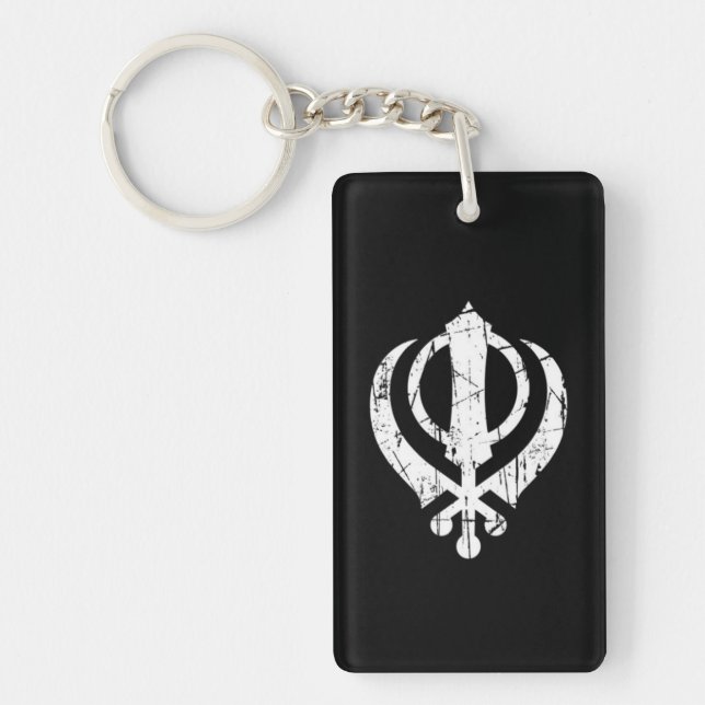 Scratched White Sikh Khanda Symbol on Black Keychain (Front)