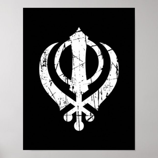 Scratched White Sikh Khanda Symbol on Black Poster (Front)