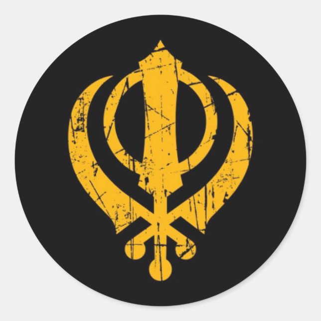 Scratched Yellow Sikh Khanda Symbol on Black Classic Round Sticker (Front)