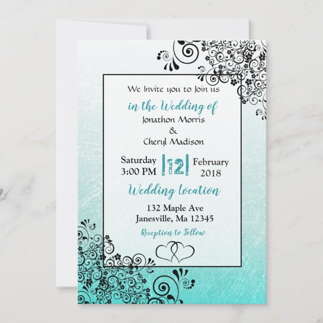 Scratchy Teal and Black Script Wedding Invitations (Front)