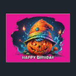 scray jackolantern with birthday hat pyschedelic holiday postcard<br><div class="desc">I thought up having a jack o lantern wearing a birthday hat with psychedelic colors and I liked this one. I put a stroke around the happy birthday text so it would show up better. All the text on the design is able to be edited. generativecontent.</div>