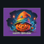 scray jackolantern with birthday hat pyschedelic postcard<br><div class="desc">I thought up having a jack o lantern wearing a birthday hat with psychedelic colors and I liked this one. I put a stroke around the happy birthday text so it would show up better. All the text on the design is able to be edited. generativecontent.</div>