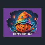 scray jackolantern with birthday hat pyschedelic postcard<br><div class="desc">I thought up having a jack o lantern wearing a birthday hat with psychedelic colors and I liked this one. I put a stroke around the happy birthday text so it would show up better. All the text on the design is able to be edited. generativecontent.</div>