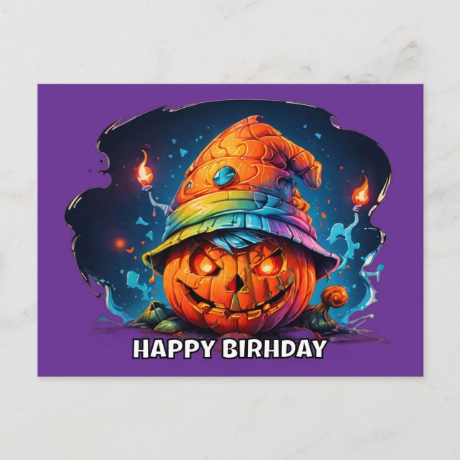 scray jackolantern with birthday hat pyschedelic postcard (Front)
