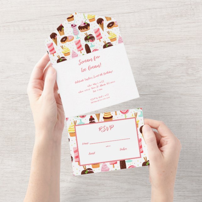Scream for Ice Cream Girls Sweet Cute Birthday All In One Invitation (Tearaway)