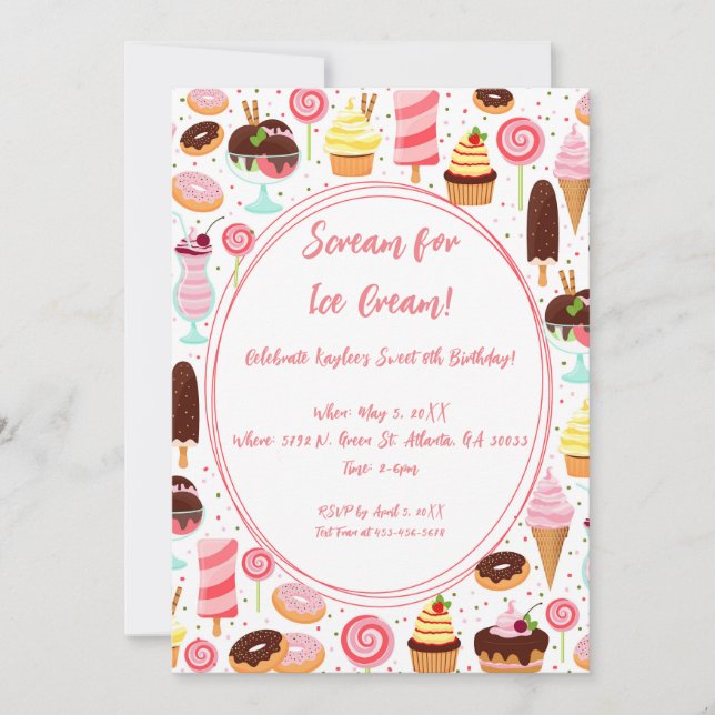 Scream for Ice Cream Girls Sweet Cute Birthday Invitation (Front)
