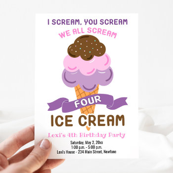 Scream Four Ice Cream Girl 4th Birthday  Invitation by allpetscherished at Zazzle