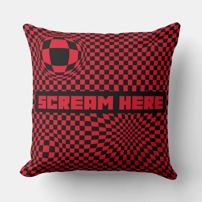 Scream Here | Red Checkered Optical Illusion Throw Pillow (Front)