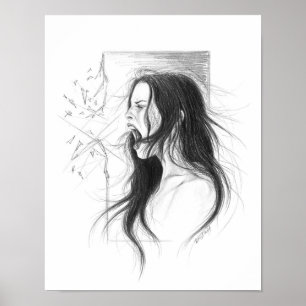 Screaming angry woman pencil drawing art poster