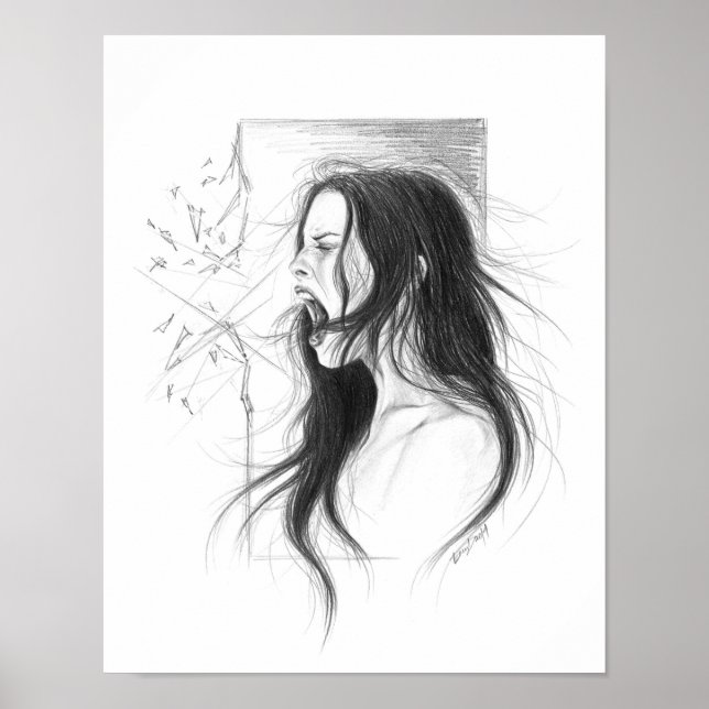 Screaming angry woman pencil drawing art poster (Front)