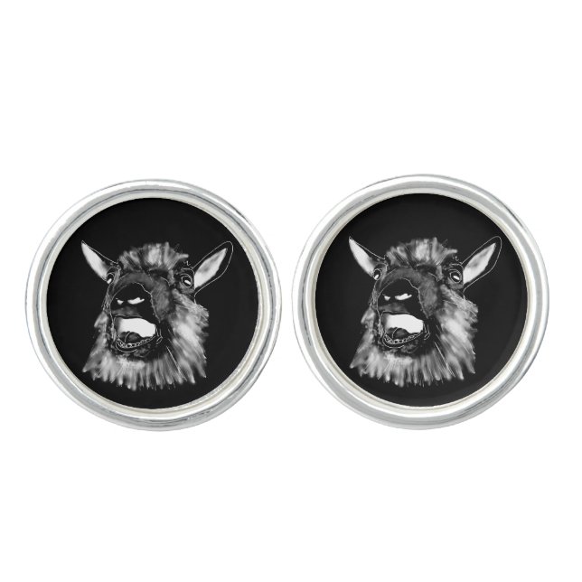 Screaming Goat Funny Quirky Animal Black and white Cufflinks (Front)